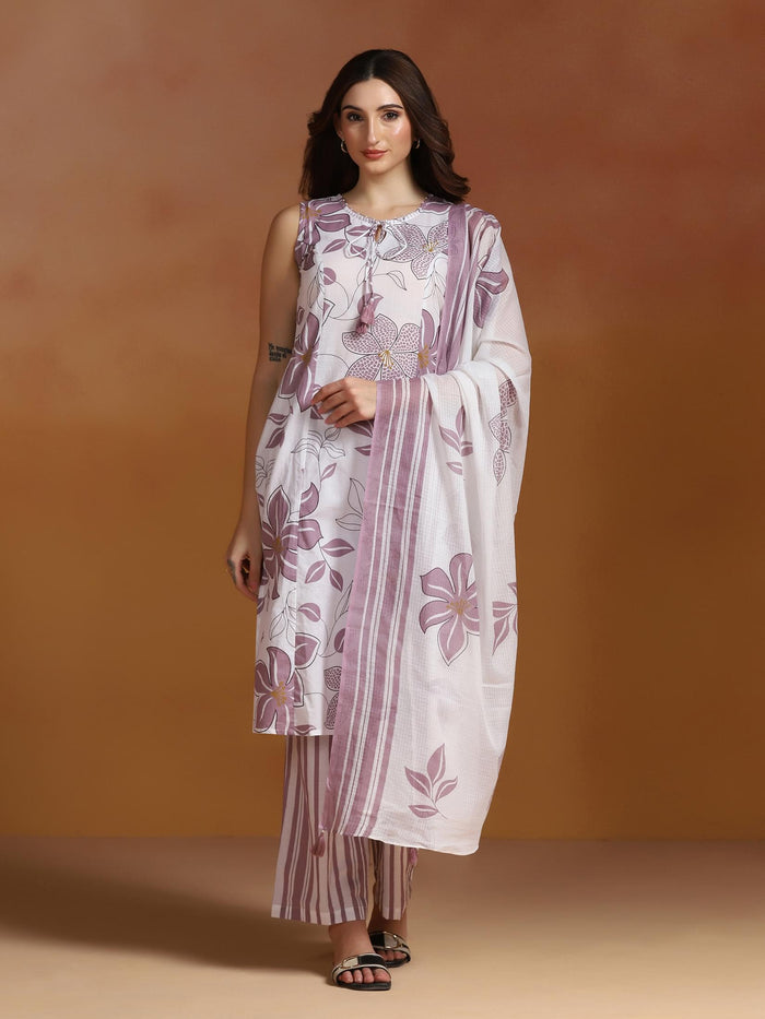 Women Cotton Off-white and Purple Printed Kurta Comfort Pant Dupatta.