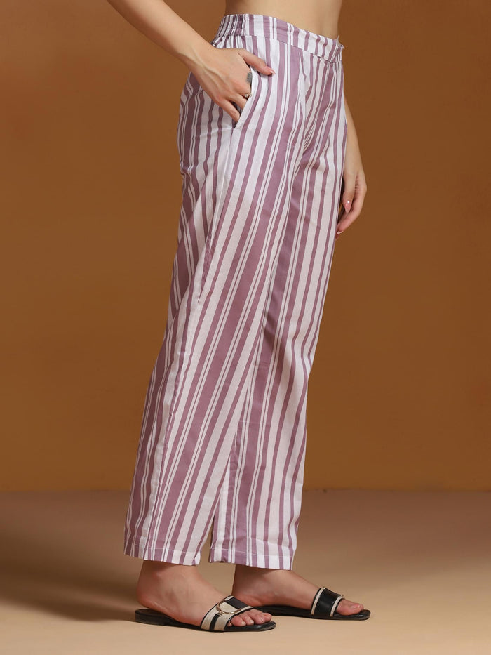 Women Cotton Off-white and Purple Printed Kurta Comfort Pant Dupatta.
