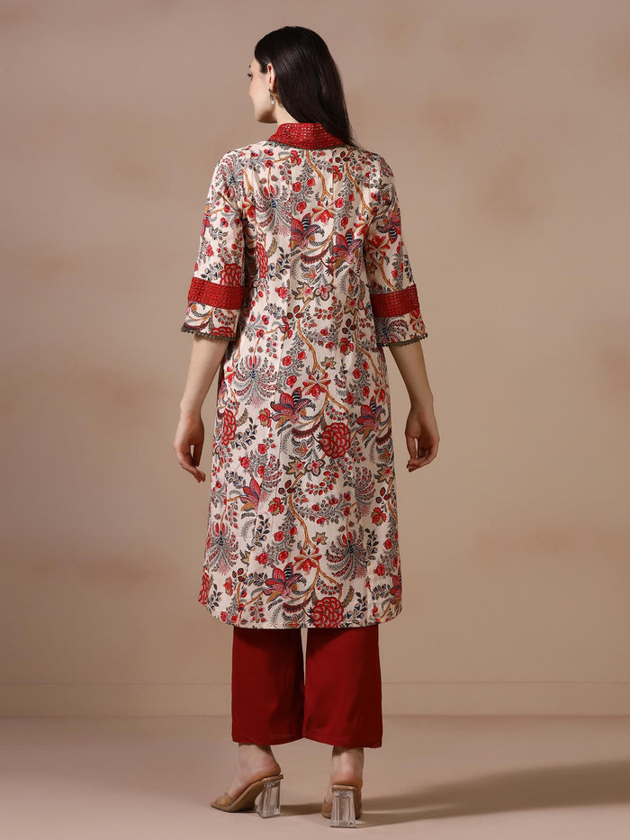Women Cotton Beige Floral Print Kurta.