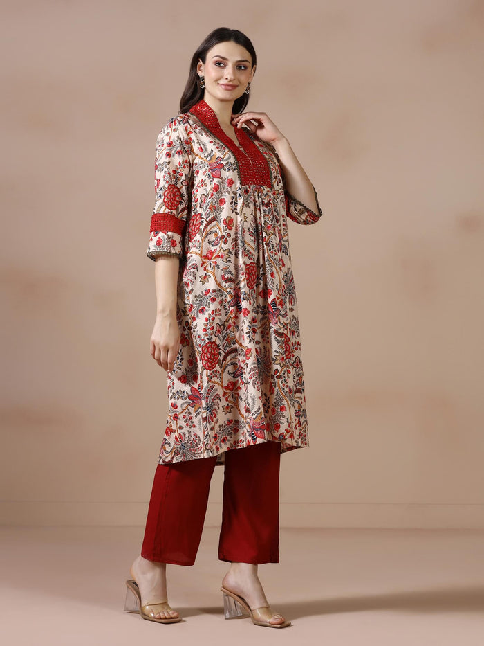 Women Cotton Beige Floral Print Kurta.