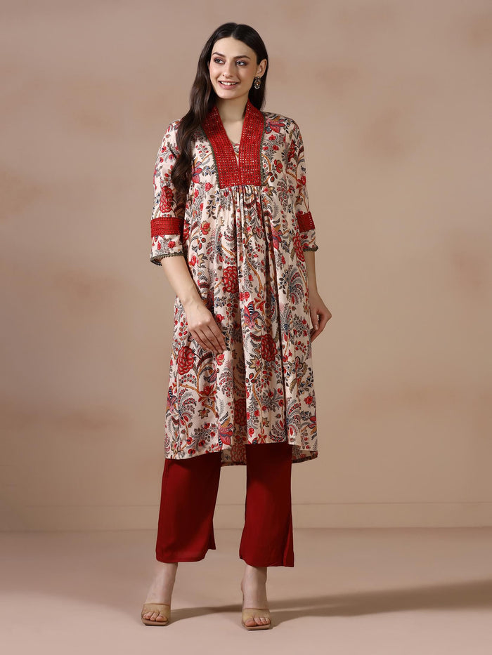Women Cotton Beige Floral Print Kurta.
