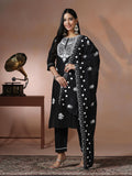 Women Cotton Black Embroidered Kurta Comfort Pant Dupatta.