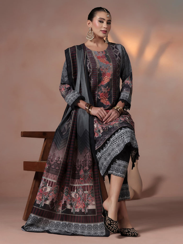 Women Cotton Black Embroidered Kurta Comfort Pant With Dupatta.