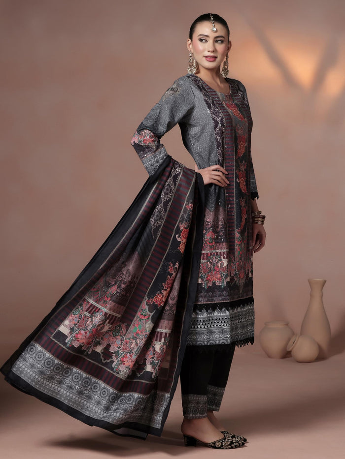 Women Cotton Black Embroidered Kurta Comfort Pant With Dupatta.