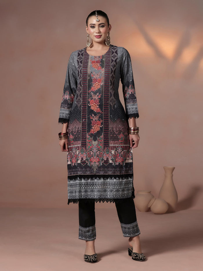 Women Cotton Black Embroidered Kurta Comfort Pant With Dupatta.