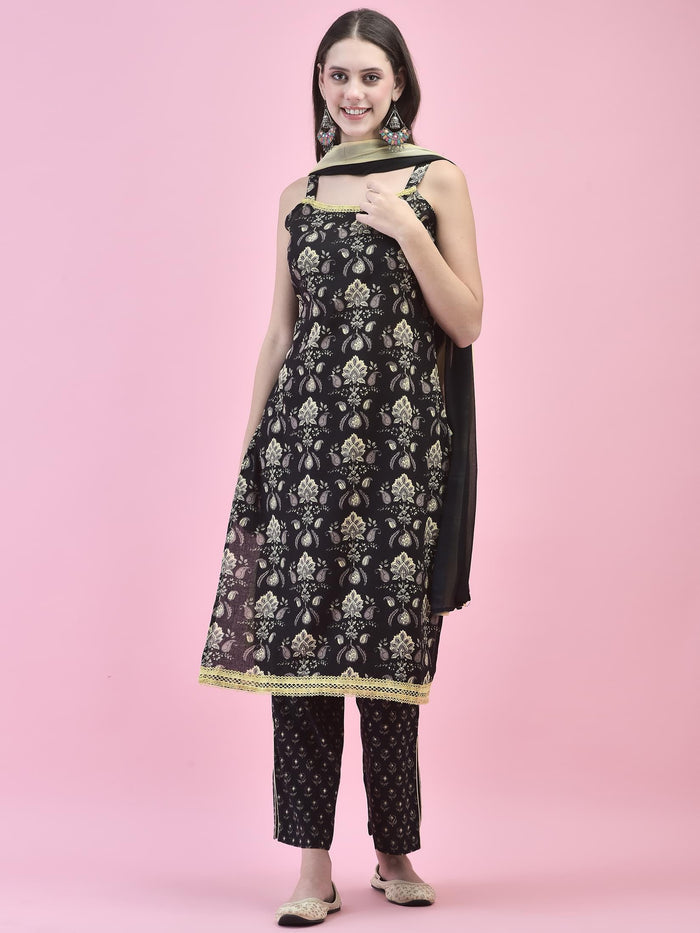 Women Cotton Black Floral Print Kurta Comfort Pant Dupatta.