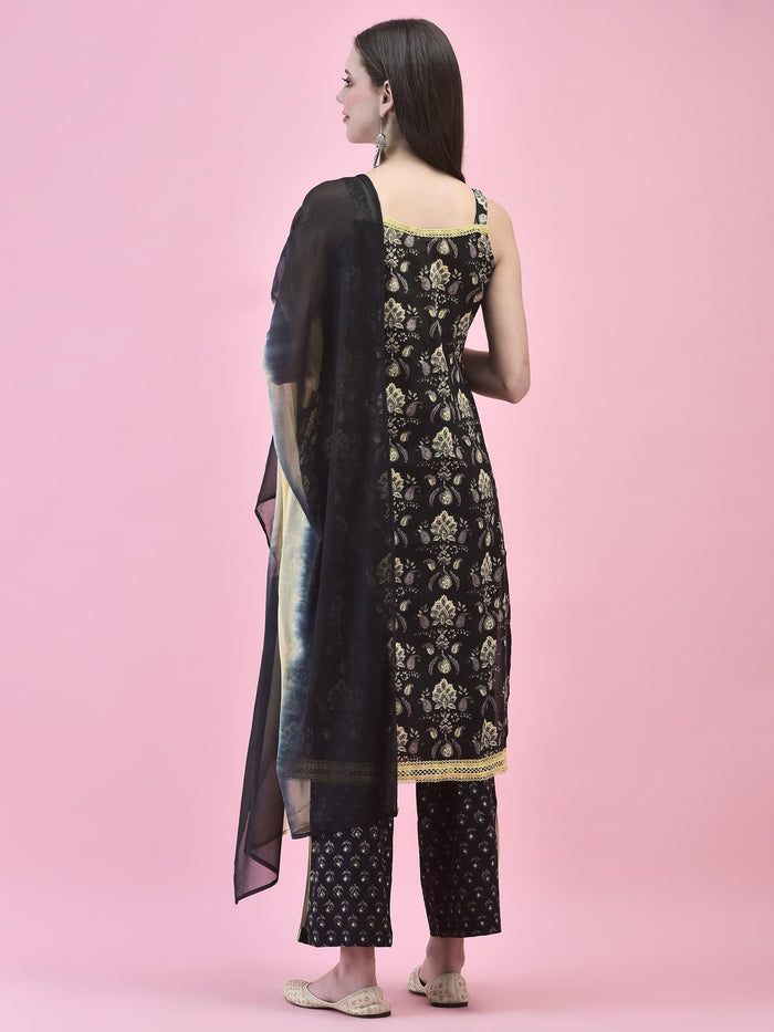 Women Cotton Black Floral Print Kurta Comfort Pant Dupatta.
