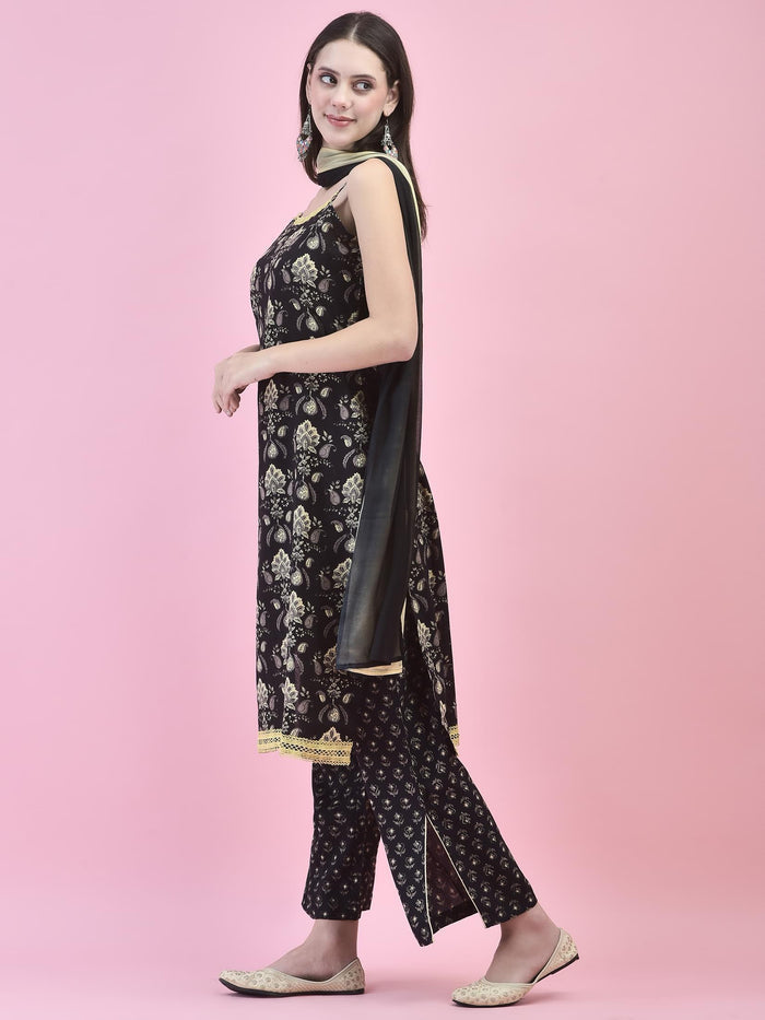 Women Cotton Black Floral Print Kurta Comfort Pant Dupatta.