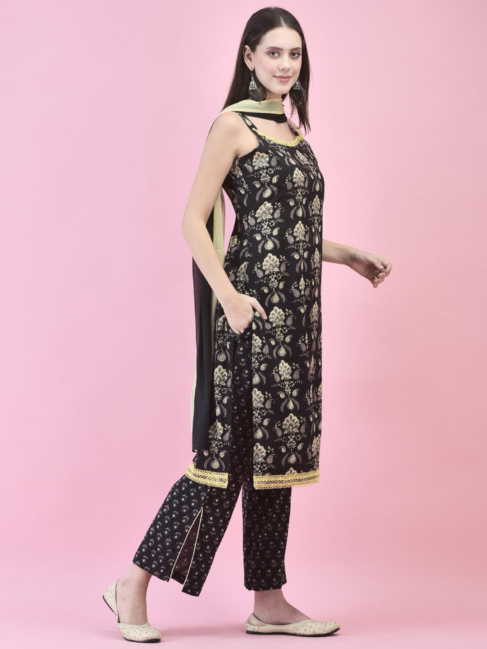 Women Cotton Black Floral Print Kurta Comfort Pant Dupatta.