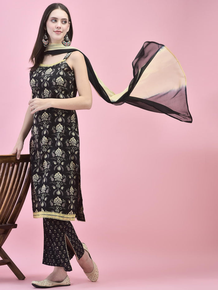 Women Cotton Black Floral Print Kurta Comfort Pant Dupatta.