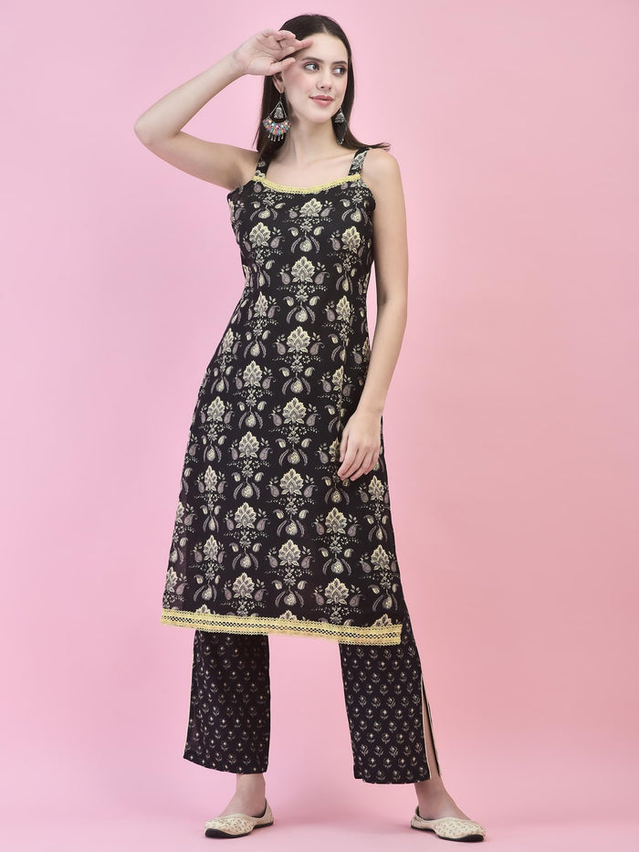 Women Cotton Black Floral Print Kurta Comfort Pant Dupatta.