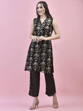 Women Cotton Black Floral Print Kurta With Comfort Pant.