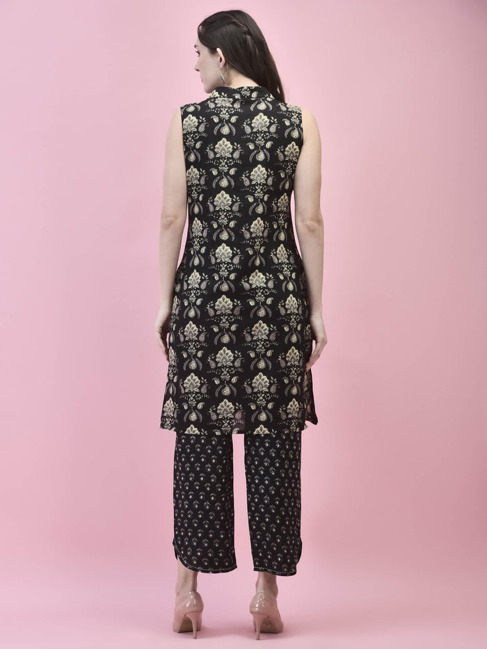 Women Cotton Black Floral Print Kurta With Comfort Pant.