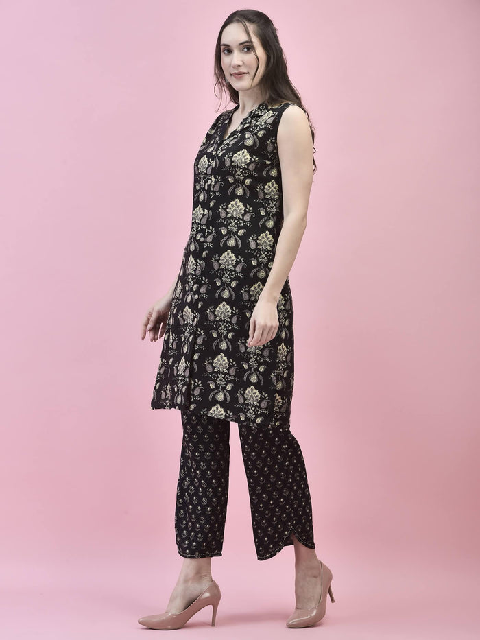 Women Cotton Black Floral Print Kurta With Comfort Pant.