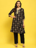 Women Cotton Black Floral Print Kurta With Trouser.