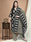 Women Cotton Black Printed Kurta Comfort Pant Dupatta.