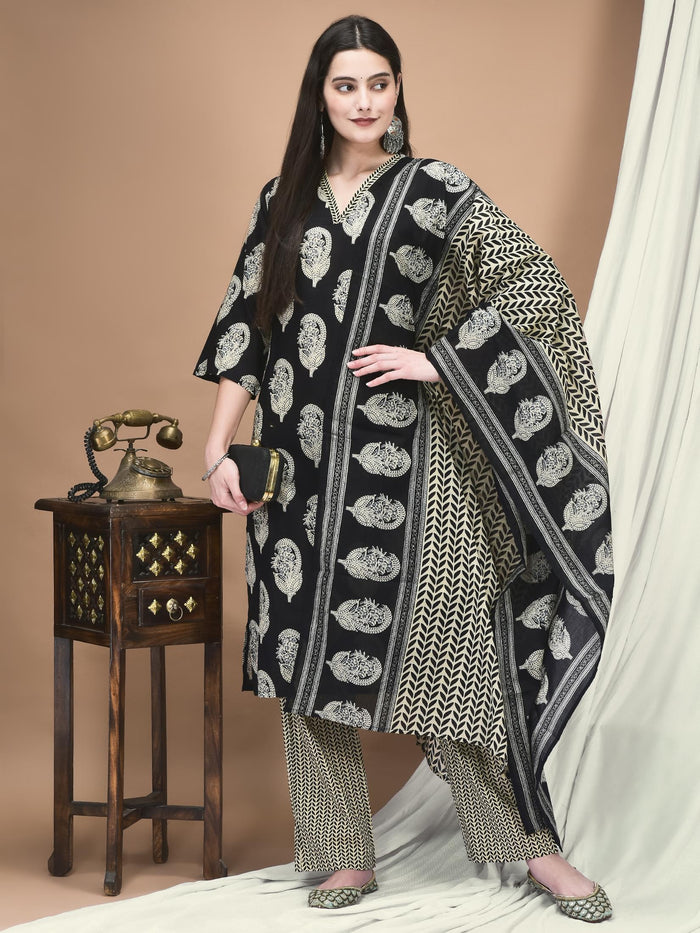 Women Cotton Black Printed Kurta Comfort Pant Dupatta.