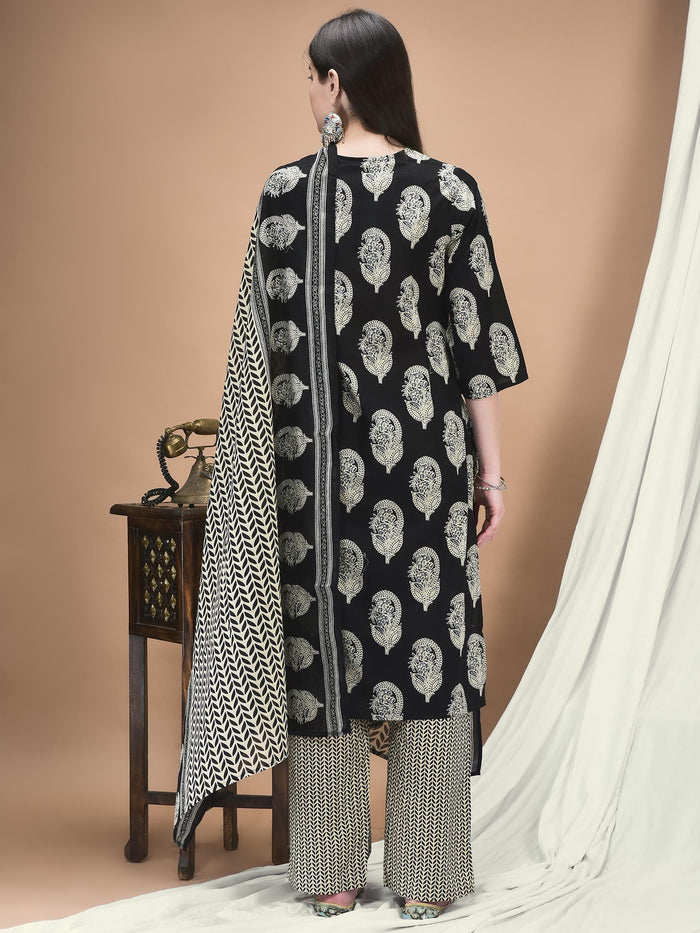 Women Cotton Black Printed Kurta Comfort Pant Dupatta.