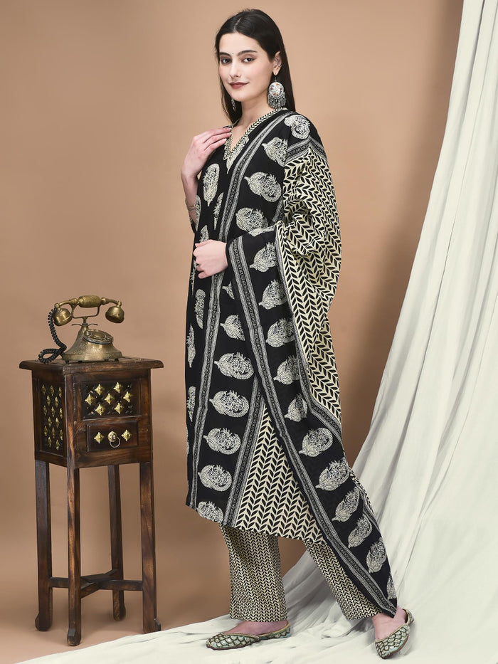 Women Cotton Black Printed Kurta Comfort Pant Dupatta.