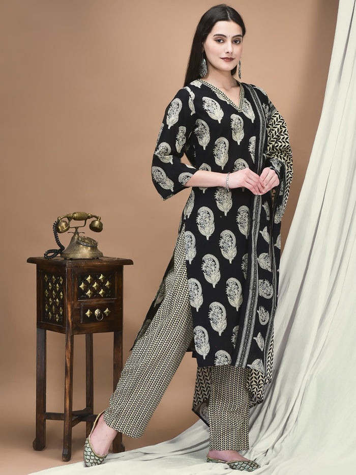 Women Cotton Black Printed Kurta Comfort Pant Dupatta.