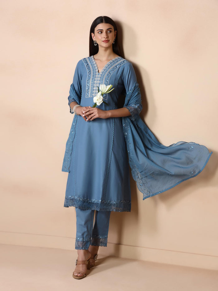 Women Cotton Blue Embroidered Kurta Comfort Pant Dupatta.