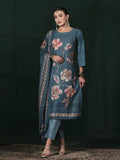 Women Cotton Blue Embroidered Kurta Comfort Pant Dupatta.