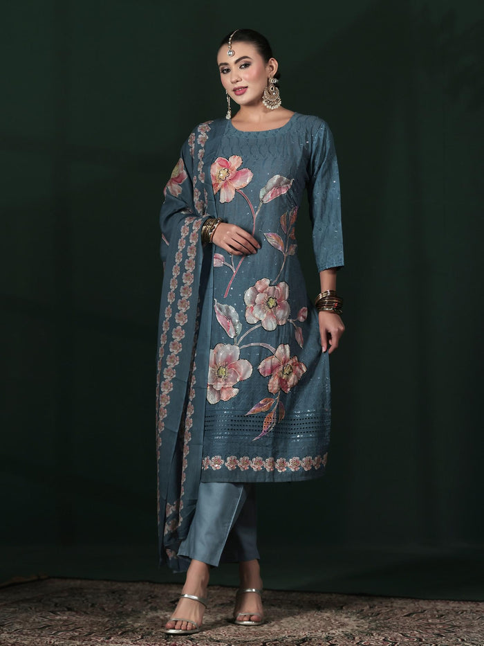 Women Cotton Blue Embroidered Kurta Comfort Pant Dupatta.