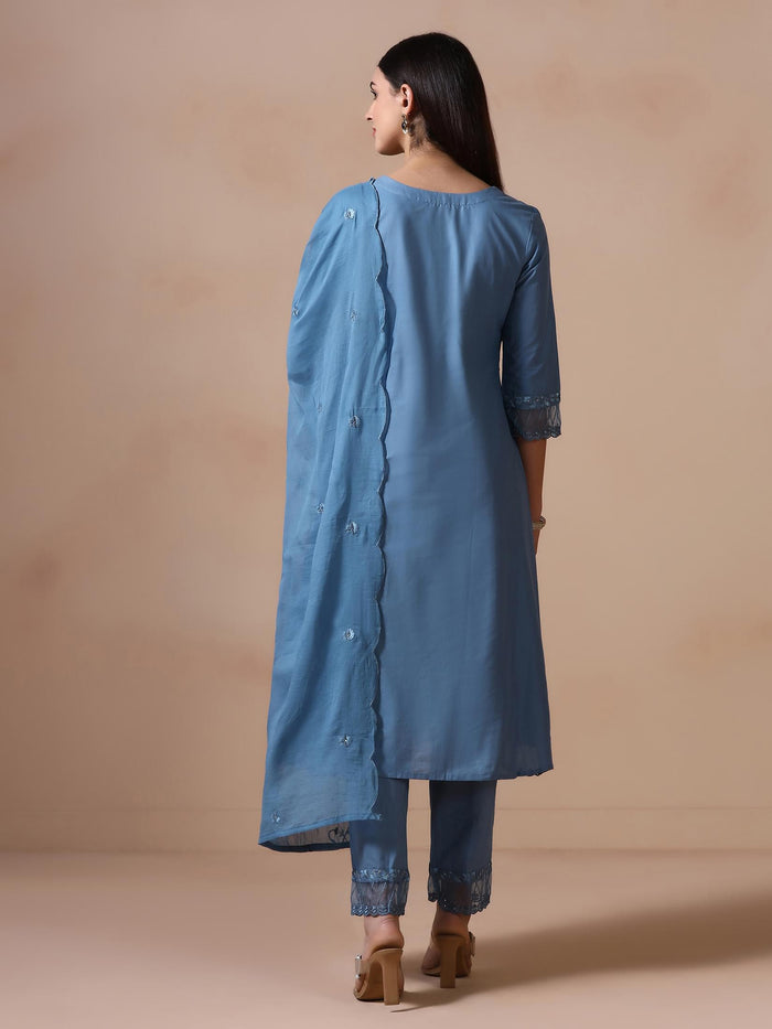 Women Cotton Blue Embroidered Kurta Comfort Pant Dupatta.