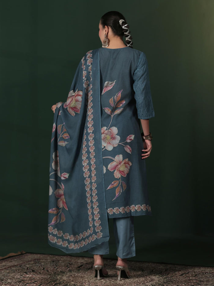Women Cotton Blue Embroidered Kurta Comfort Pant Dupatta.