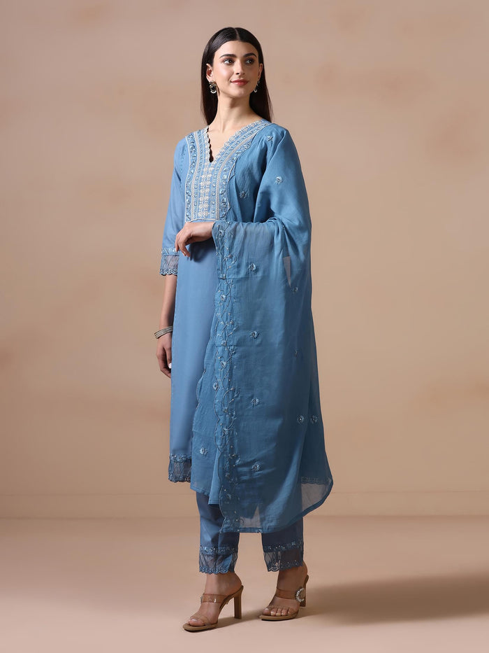 Women Cotton Blue Embroidered Kurta Comfort Pant Dupatta.