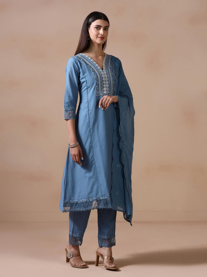 Women Cotton Blue Embroidered Kurta Comfort Pant Dupatta.