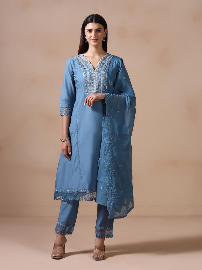 Women Cotton Blue Embroidered Kurta Comfort Pant Dupatta.