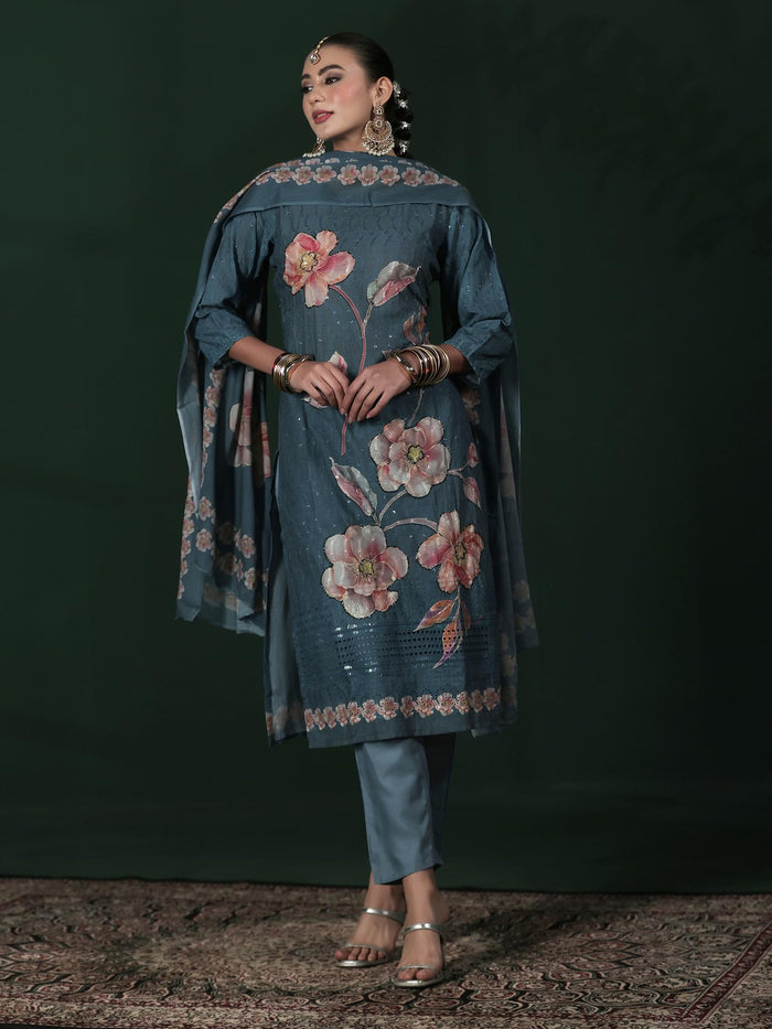 Women Cotton Blue Embroidered Kurta Comfort Pant Dupatta.
