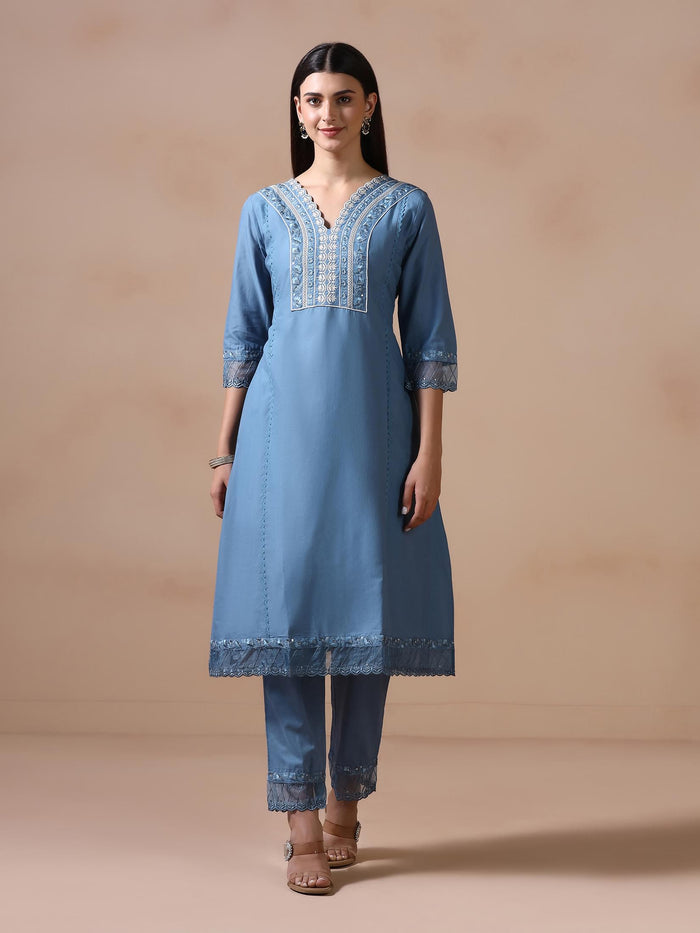 Women Cotton Blue Embroidered Kurta Comfort Pant Dupatta.