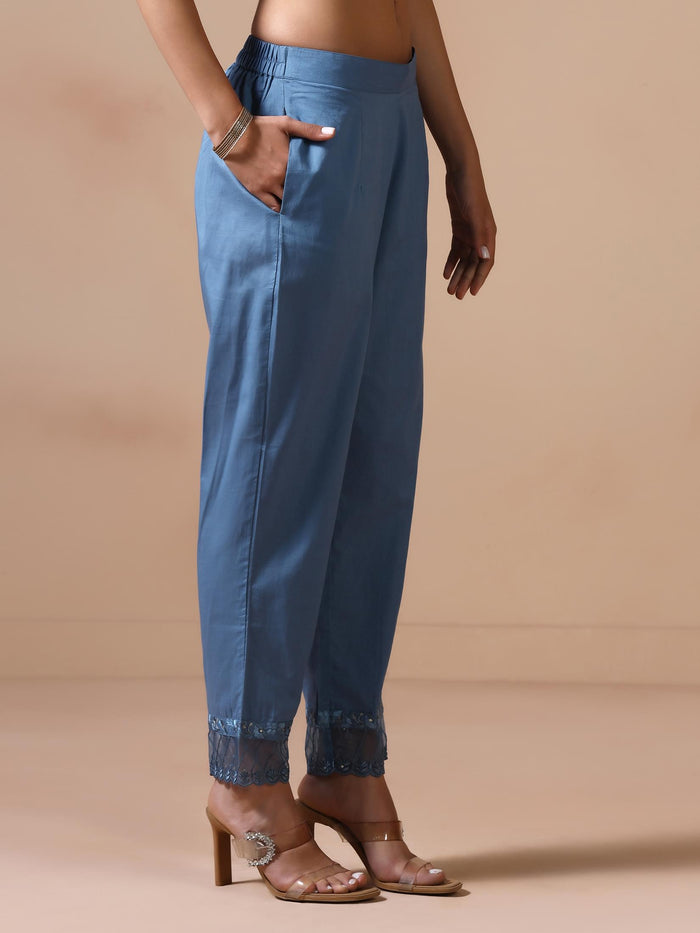 Women Cotton Blue Embroidered Kurta Comfort Pant Dupatta.