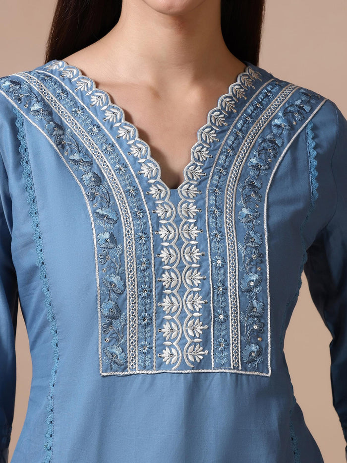 Women Cotton Blue Embroidered Kurta Comfort Pant Dupatta.