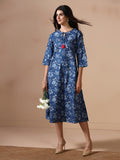 Women Cotton Blue Floral Print Dress.