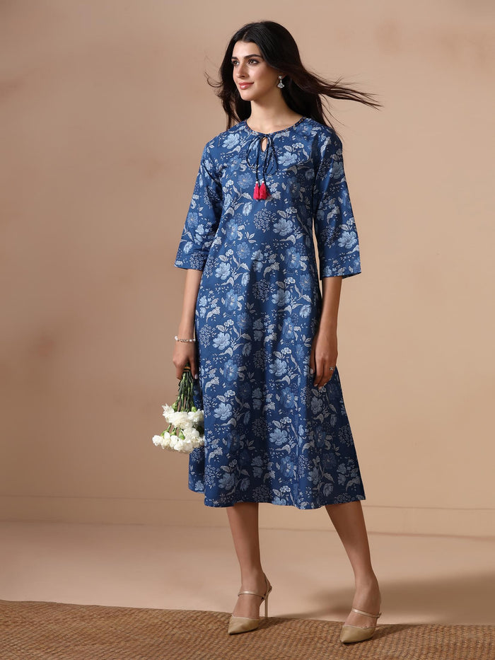 Women Cotton Blue Floral Print Dress.