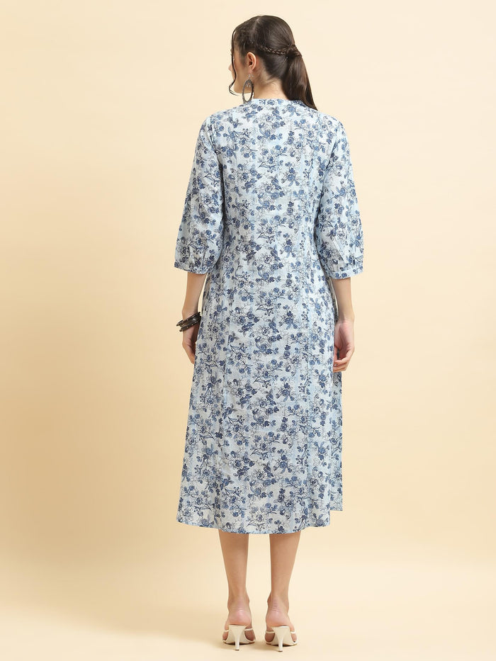 Women Cotton Blue Floral Print Dress.
