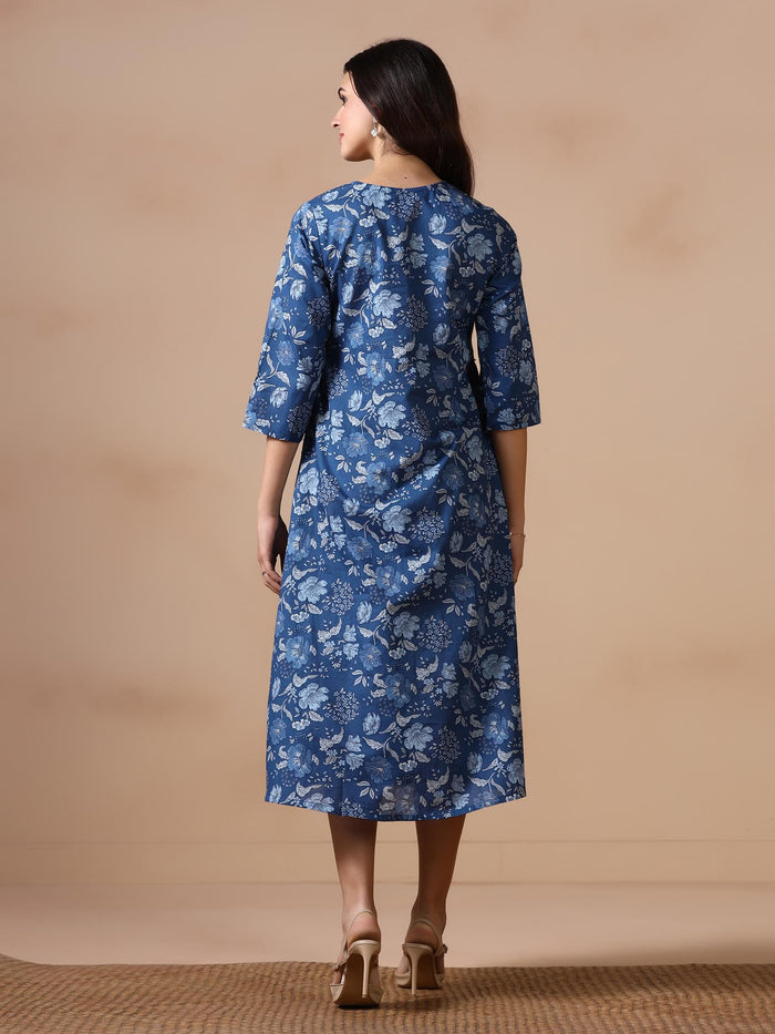 Women Cotton Blue Floral Print Dress.