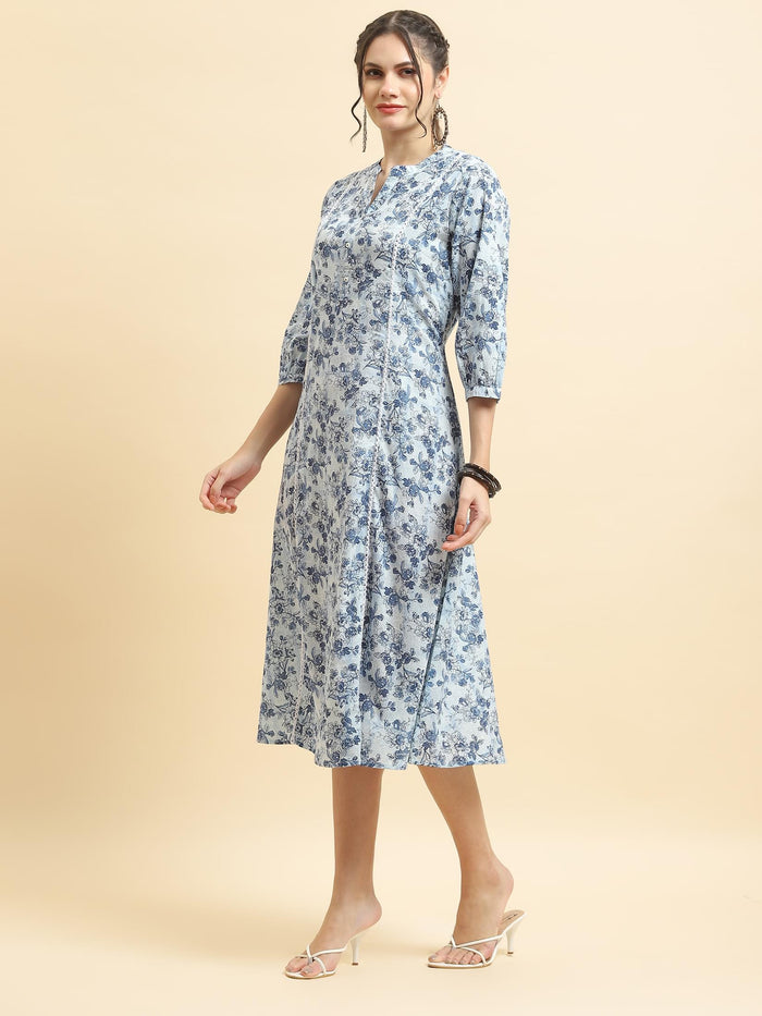 Women Cotton Blue Floral Print Dress.