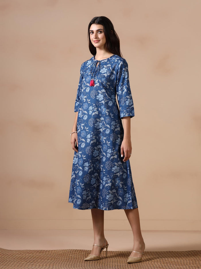 Women Cotton Blue Floral Print Dress.