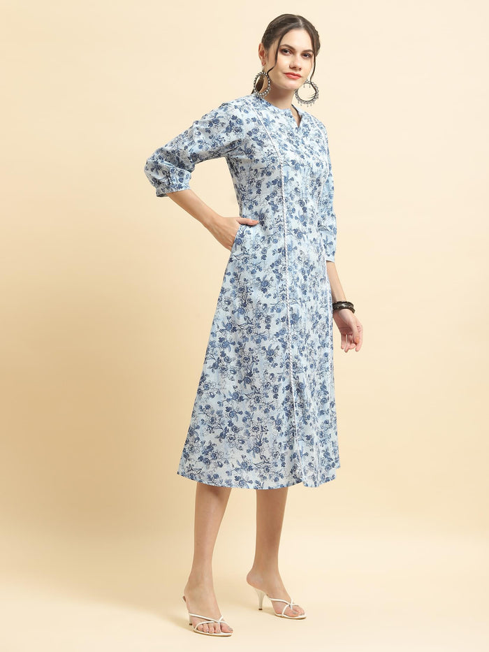 Women Cotton Blue Floral Print Dress.