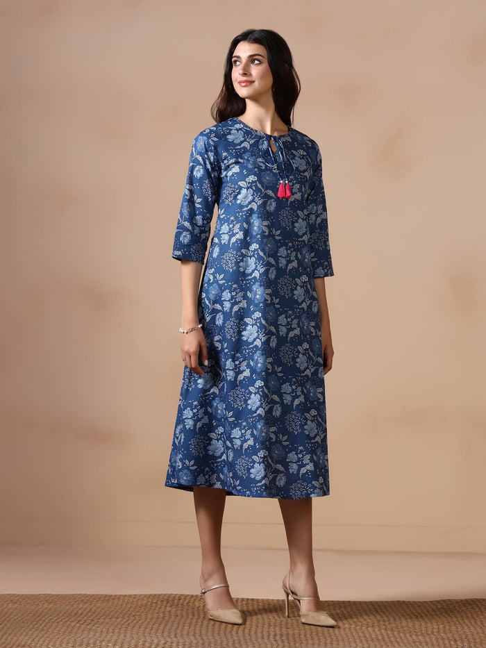 Women Cotton Blue Floral Print Dress.