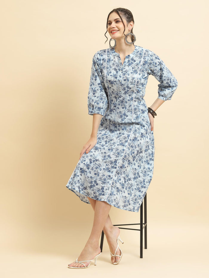 Women Cotton Blue Floral Print Dress.
