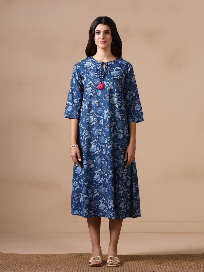 Women Cotton Blue Floral Print Dress.