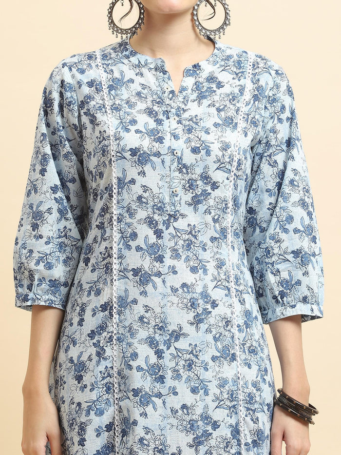 Women Cotton Blue Floral Print Dress.