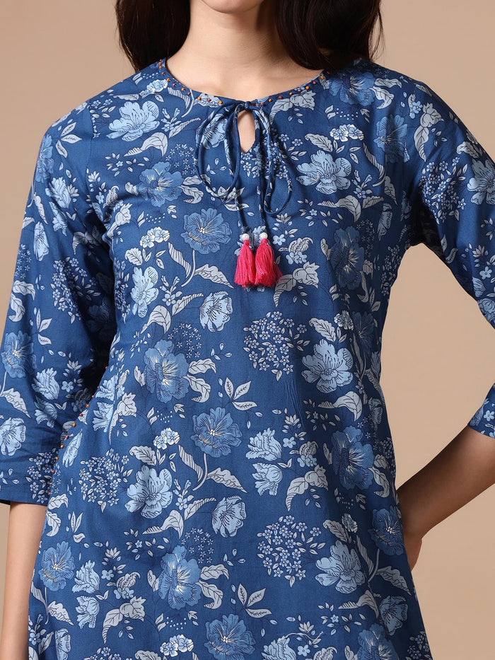 Women Cotton Blue Floral Print Dress.