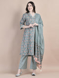 Women Cotton Blue Floral Print Kurta Comfort Pant Dupatta.