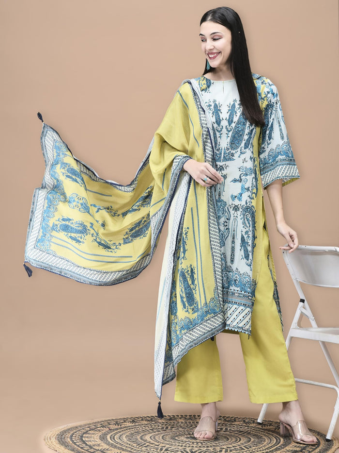 Women Cotton Blue Floral Print Kurta Comfort Pant Dupatta.